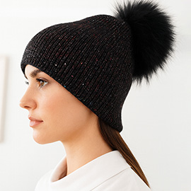 Faux Fur Pom Sparkly Ribbed Knit Winter Beanie Hat