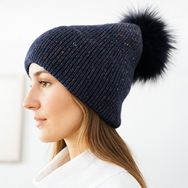 Faux Fur Pom Sparkly Ribbed Knit Winter Beanie Hat