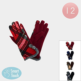 12Pairs - Plaid Pattern Pom Pom Detail Smart Touch Winter Gloves