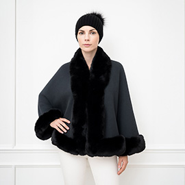 Elegant Faux Fur Trim Cape Poncho