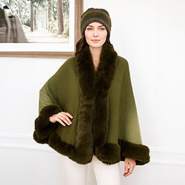 Elegant Faux Fur Trim Cape Poncho