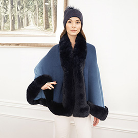 Elegant Faux Fur Trim Cape Poncho