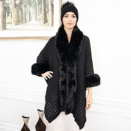 Faux Fur Trim Open Knit Cape Poncho