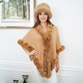 Elegant Faux Fur Trim Cape Poncho