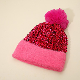 Sequin Embellished Pom Pom Beanie Hat