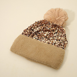 Sequin Embellished Pom Pom Beanie Hat