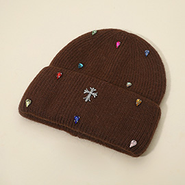 Rhinestone Cross Accent Teardrop Stone Cluster Embellished Knit Beanie Hat