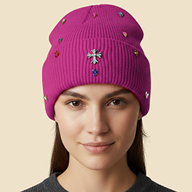 Rhinestone Cross Accent Teardrop Stone Cluster Embellished Knit Beanie Hat