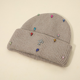 Rhinestone Cross Accent Teardrop Stone Cluster Embellished Knit Beanie Hat