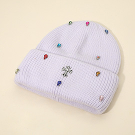Rhinestone Cross Accent Teardrop Stone Cluster Embellished Knit Beanie Hat