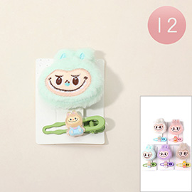 12 SET OF 2 - Plush Monster Bunny Face Hairband Alligator Snap Hair Clip Set