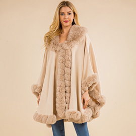 Faux Fur Trim Flowing Shawl Cape Poncho
