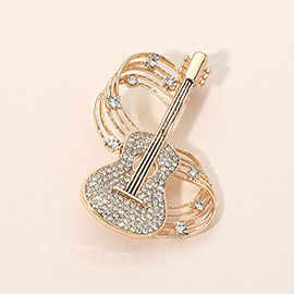 Gold Dipped Rhinestone Embellished Guitar Musical Note Pin Brooch