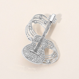Silver Dipped Rhinestone Embellished Guitar Musical Note Pin Brooch