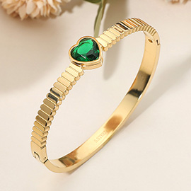 Stainless Steel Heart Stone Accent Hinged Bangle Bracelet