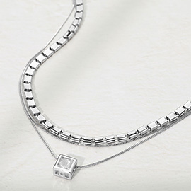 Square Stone Bezel Pendant Accent Geometric Chain Layered Necklace