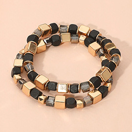2PCS - Mixed Wooden Cube Beaded Stretch Multi Layered Bracelets