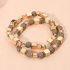 2PCS - Mixed Wooden Cube Beaded Stretch Multi Layered Bracelets