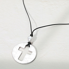 Hammered Brushed Metal Open Cross Medallion Pendant Cord Necklace