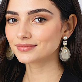 14K Gold Dipped CZ Stone Cluster Accent Cascading Mother of Pearl Shell Disc Drop Earrings