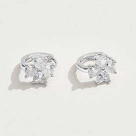 White Gold Dipped CZ Floral Stone Mini Huggie Hoop Earrings