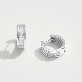 White Gold Dipped Princess Cut CZ Stone Channel Mini Huggie Hoop Earrings