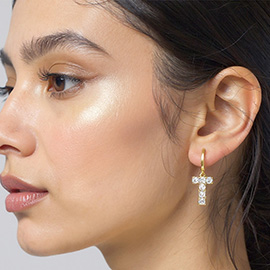 14K Gold Dipped T-Shaped CZ Stone Cluster Charm Dangle Huggie Hoop Earrings