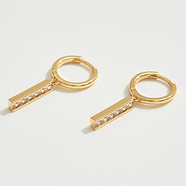 14K Gold Dipped I-Shaped CZ Stone Cluster Charm Dangle Huggie Hoop Earrings