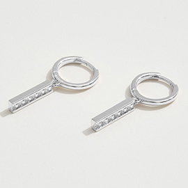 White Gold Dipped I-Shaped CZ Stone Cluster Charm Dangle Huggie Hoop Earrings