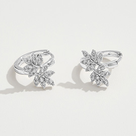 White Gold Dipped CZ Stone Paved Leaves Mini Huggie Hoop Earrings