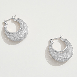 White Gold Dipped CZ Stone Inside Mesh Pin Catch Hoop Earrings