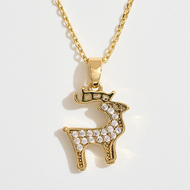14K Gold Dipped CZ Stone Paved Reindeer Pendant Necklace