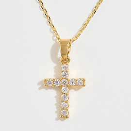 14K Gold Dipped CZ Stone Cross Pendant Necklace
