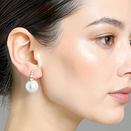 14K Gold Dipped CZ Stone Paved Pearl Tip Huggie Hoop Earrings