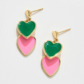 14K Gold Dipped Enamel Double Heart Drop Dangle Earrings