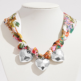 Gold Dipped Triple Puffy Heart Charm Fabric Scarf Necklace Adjustable Bracelet Bag Charm