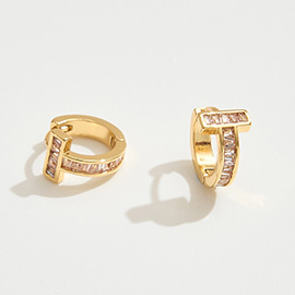 14K Gold Dipped CZ Stone Inlay T-bar Mini Huggie Hoop Earrings