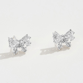 White Gold Dipped CZ Stone Mini Bow Stud Earrings