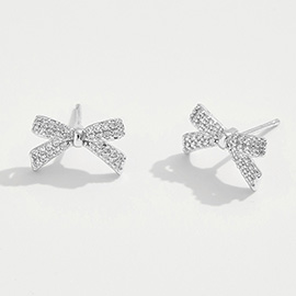 White Gold Dipped CZ Stone Paved Mini Bow Stud Earrings