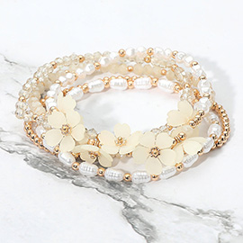 5PCS - Floral Pearl Faceted Beaded Stretch Multi Layered Bracelets