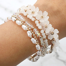 5PCS - Floral Pearl Faceted Beaded Stretch Multi Layered Bracelets