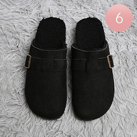 Solid Faux Fur Suede Buckle Mule Clog Slippers