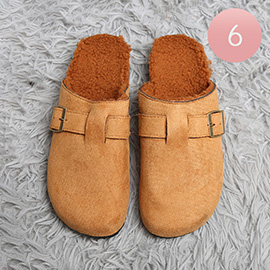 Solid Faux Fur Suede Buckle Mule Clog Slippers