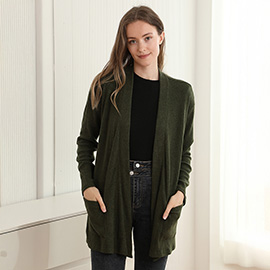 Solid Color Knit Ribbed Open Front Cardigan with Pockets