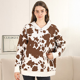 Cozy Cow Pattern Hooded Sweater with Pocket