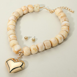 Puffy Metal Heart Pendant Chunky Beaded Statement Necklace