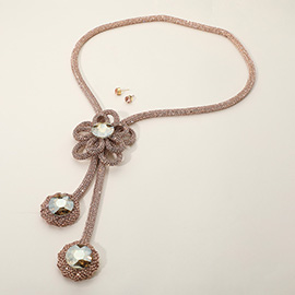 Round Stone Pointed Bling Studded Flower Pendant Long Necklace