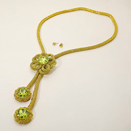 Round Stone Pointed Bling Studded Flower Pendant Long Necklace