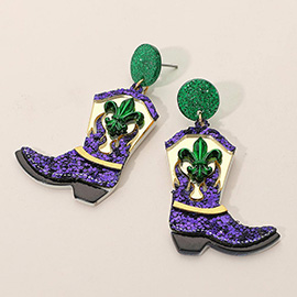 Sequin Resin Mardi Gras Cowboy Boot Dangle Earrings