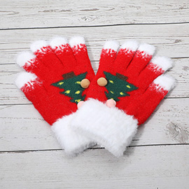 Cozy Fuzzy Pom Pom Christmas Tree Accent Winter Gloves